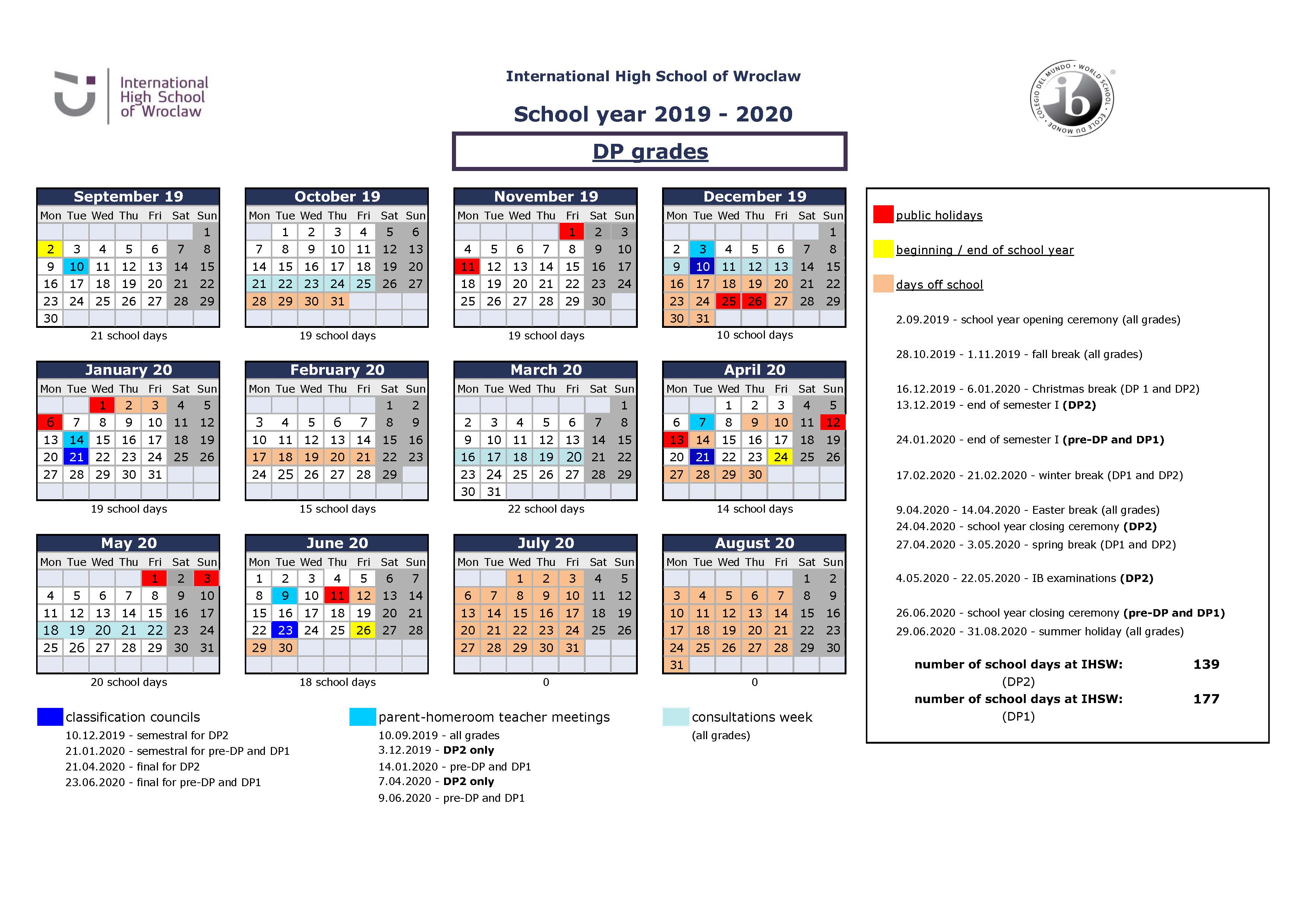 IHSW Calendar 2019-2020 for DP parents