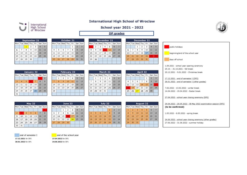 Calendars for the upcoming school year – International High School of