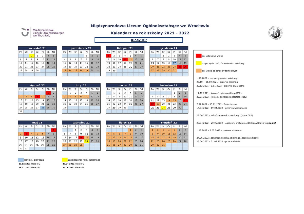 Kalendarium kl DP MLO 2021-2022