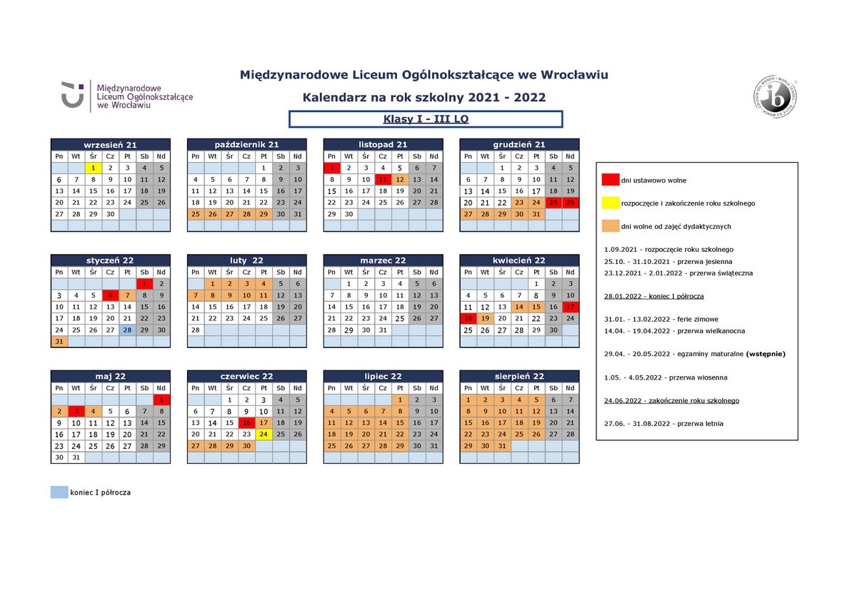 Kalendarium kl I-III MLO 2021-2022