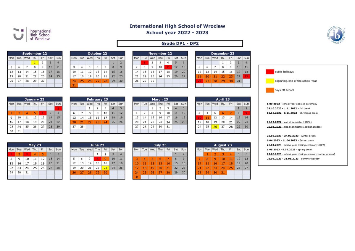 IHSW 2022-2023 school year calendar for DP EN