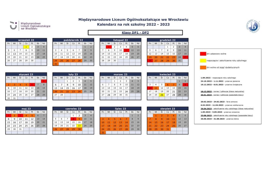 Calendars for 2022-2023 – International High School of Wrocław