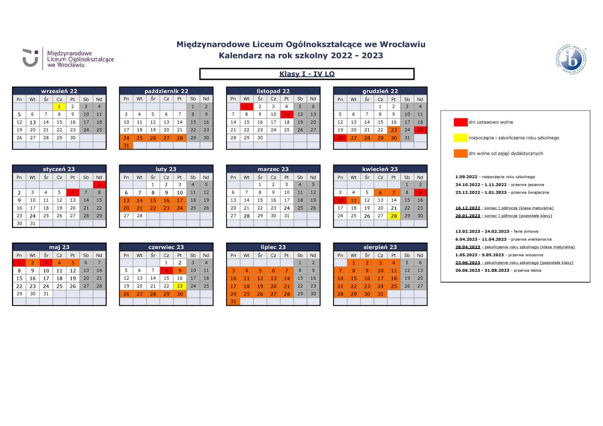 Kalendarium MLO 2022-2023 klasy I-IV